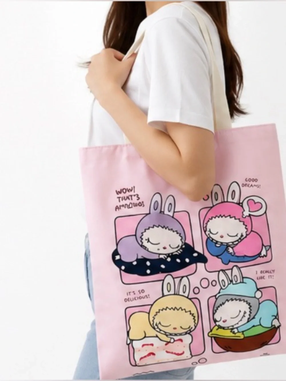 Cute Sleeping Bunny Cartoon Tote Bag 13” x 14” Reusable Canvas Shoulder Bag